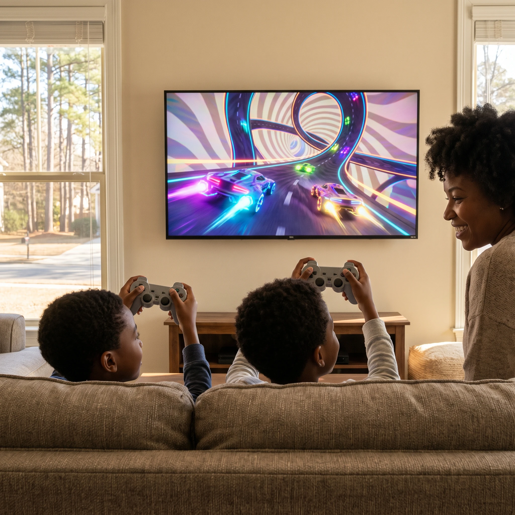 Family gaming in a Georgia living room